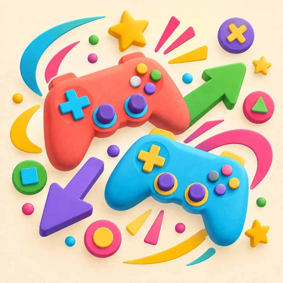 Colorful abstract game controllers, buttons, arrows, and action shapes