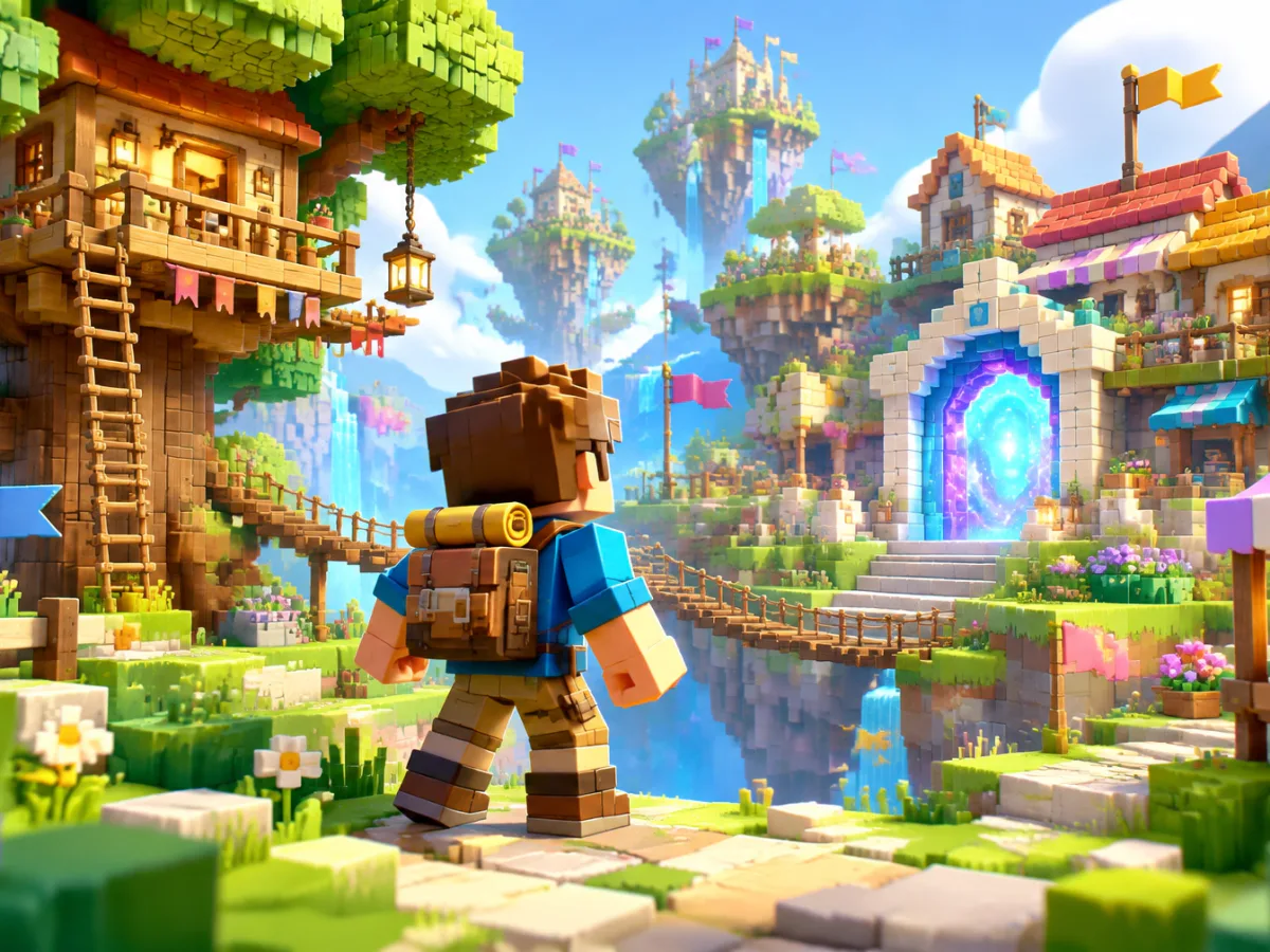 Original block-built world with a blocky explorer facing a glowing portal