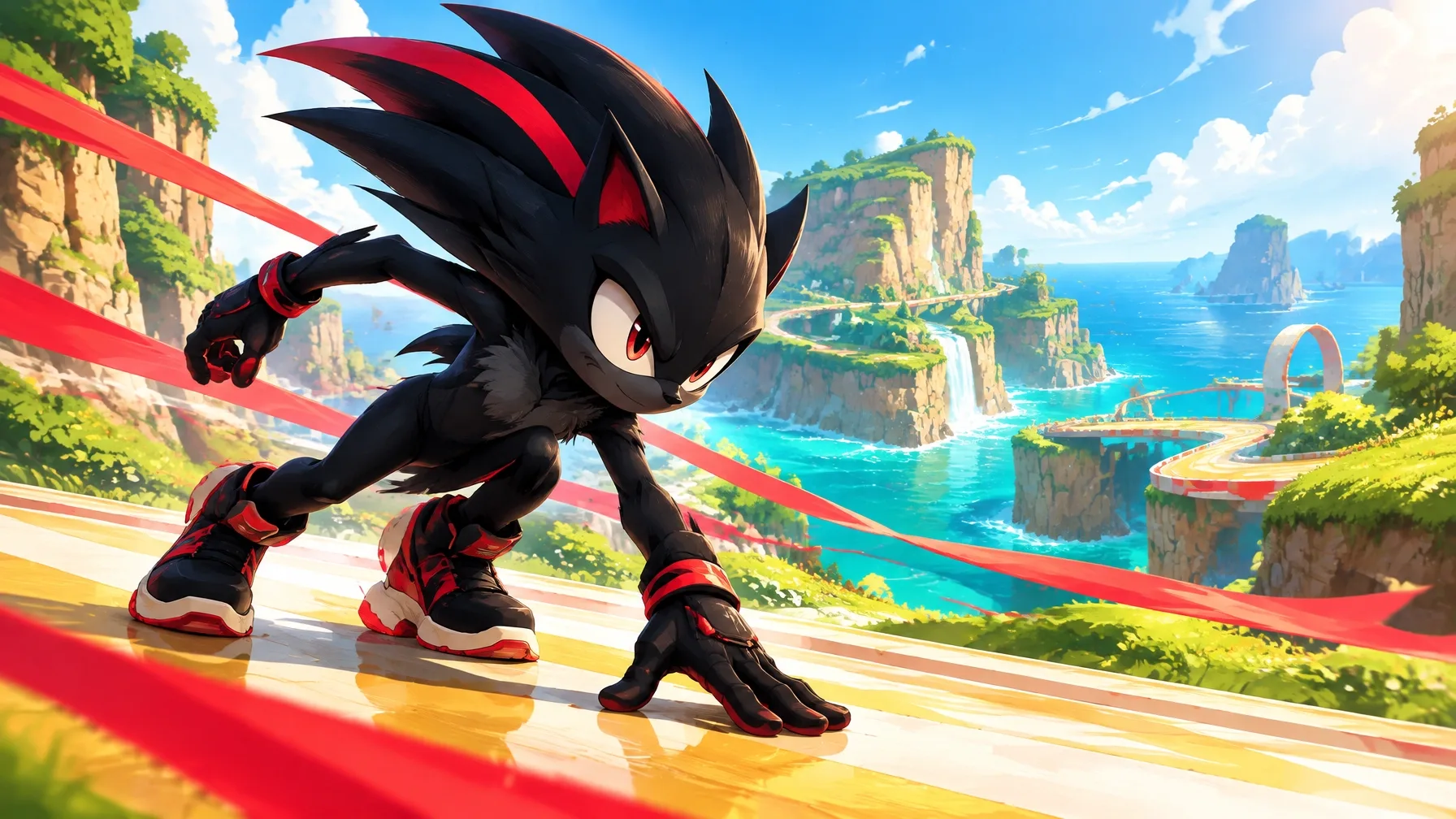 Original black-and-red speed character racing across a bright coastal course