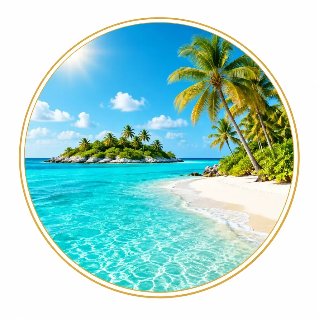 A tropical beach with turquoise water and palm trees in the Bahamas